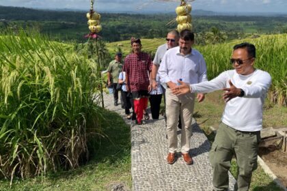 Manajer DTW Jatiluwih Ketut Purna menjelaskan tentang terasiring dan subak kepada mantan Presiden Hungaria Janos Ader (dua dari kanan) pada Sabtu (18/5/2024). (Istimewa)